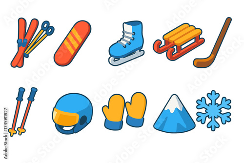 Winter sports activity icon set. skiing, snowboarding flat icons collection.