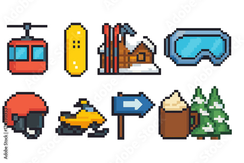 Winter sports pixel art icon set. skiing, snowboarding pixel style collection