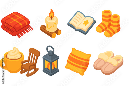 Cozy home, comfort 3d icon set. warmth, relaxation, hygge lifestyle icons collection