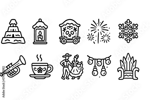 Mexican culture icon set, linear style. traditional symbols and mexican heritage collection.