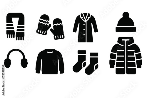 Winter clothing silhouette icon set: cozy hat, scarf, gloves in black style