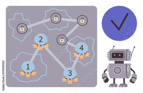 Robot near network map with locked nodes, numbered levels, and star ratings. Concepts include security, progress, AI, gamification, goal achievement systems. Ideal for technology innovation simple