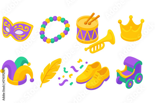 Mardi gras celebration 3d icon set. festive carnival icons in 3d style