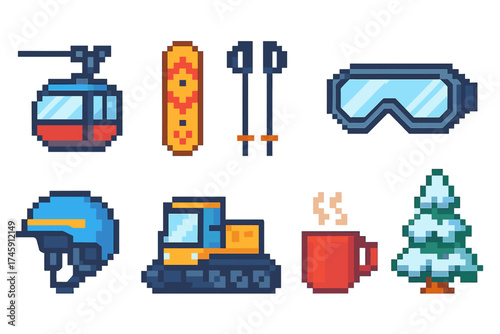Skiing and snowboarding pixel icon set. winter sports, equipment icons collection.