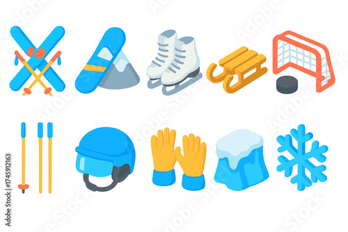 Winter sports 3d icon set. skiing, snowboarding, ice skating, sledding, and hockey icons.