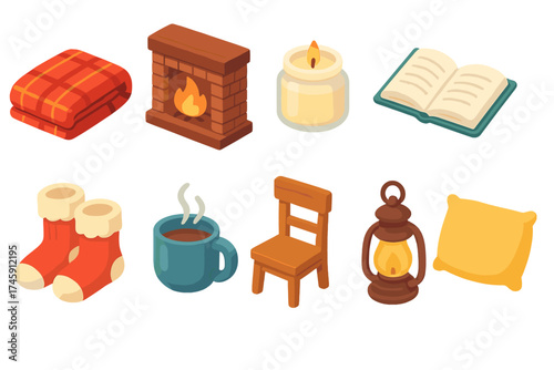 Cozy, warm flat icon set. comfort, relaxation, fireplace, blanket flat icons collection