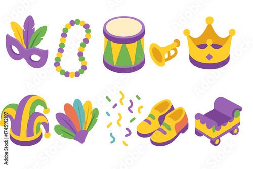 Mardi gras celebration icon set. colorful carnival symbols flat style collection