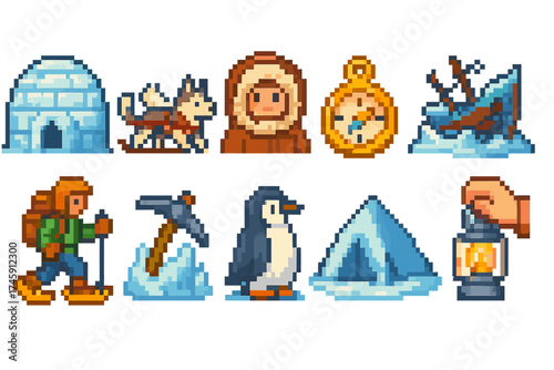 Arctic exploration pixel icon set: adventure, winter, filled style collection