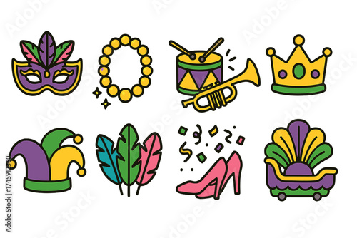 Mardi gras celebration flat icon set. masks, beads, and musical instruments icons collection.