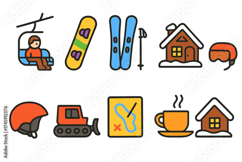 Adventure sports flat icon set. winter activities and equipment icons collection