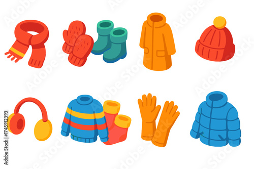 Winter clothing flat icon set. gloves, coats, scarves, and warm attire icons collection.