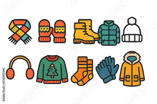 Winter clothing icon set. cozy, warm apparel icons in flat style for cold weather