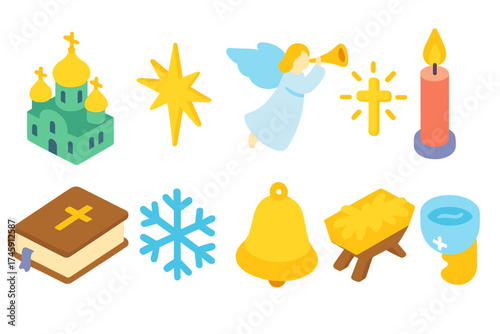 Christmas celebration icon set. holiday, festive elements in filled 3d style icons.