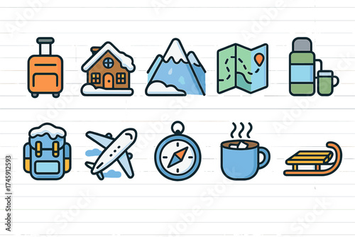 Winter adventure icon set. cozy, travel, vacation icons in filled style.