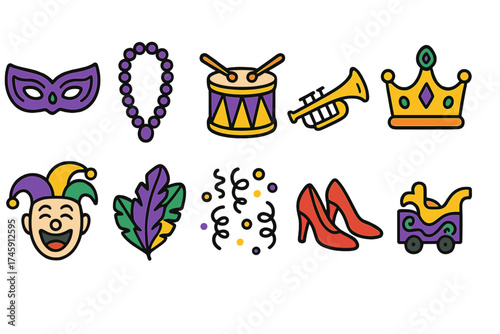 Mardi gras celebration icon set. festive, carnival, parade icons in flat style