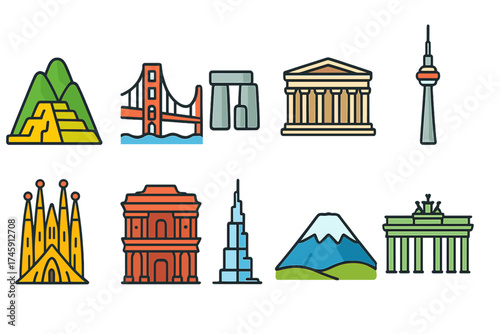 Landmark, monument outline icon set. famous world monuments outline style collection