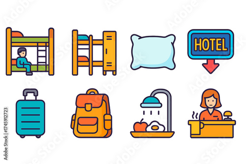 Travel and hotel flat icon set. lodging and accommodation icon collection.
