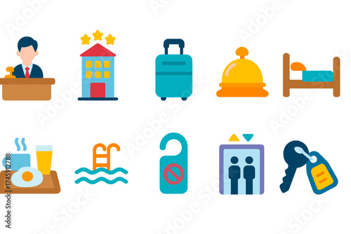 Hotel and hospitality flat icon set. concierge, rooms, and service icons collection.