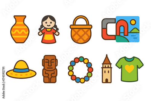 Culture and heritage icon set. vibrant, linear icons capturing global traditions.