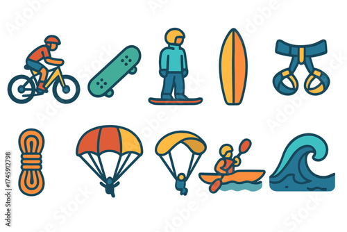 Extreme sports outline icon set for outdoor adventure and activities enthusiasts