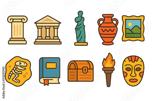 Ancient history outline icon set. historical artifacts, cultural symbols outline collection