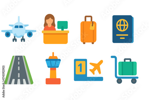 Travel and tourism icon set. vibrant, flat icons for travel planning and adventure