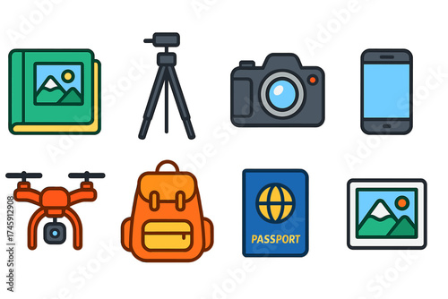 Travel and adventure icon set: colorful outline style for tourism and vacation plans