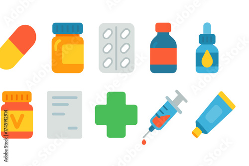 Pharmacy flat icon set. medicine, pills, syringe, health care icons flat collection
