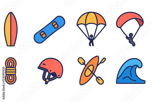 Extreme sports icon set. paragliding, surfing, kayaking flat icon collection.