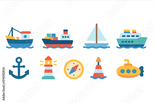Marine, nautical flat icon set. boats, ships, anchors and navigation symbols collection