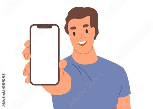 Young smiling male character showing smartphone isolated on a white background