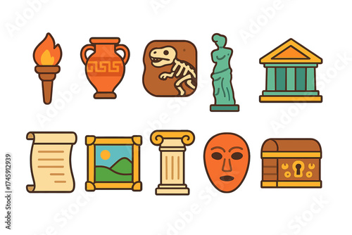 Archaeology and history flat icon set. ancient artifacts and museum icons collection