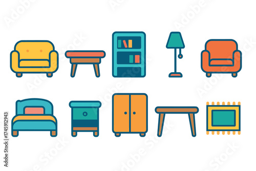 Home furniture icon set. lamps, chairs, tables outline collection for interior design