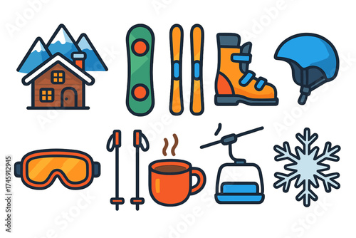 Winter sports and skiing flat icon set. skiing, snowboarding, winter gear flat collection.
