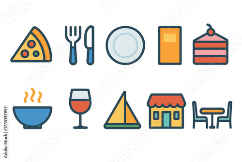 Food and dining icon set. outline collection of culinary and restaurant symbols.