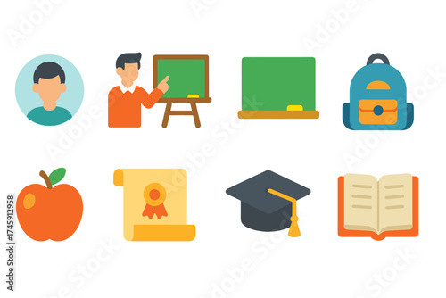 Education and learning flat icon set. classroom, school, and teaching visuals collection
