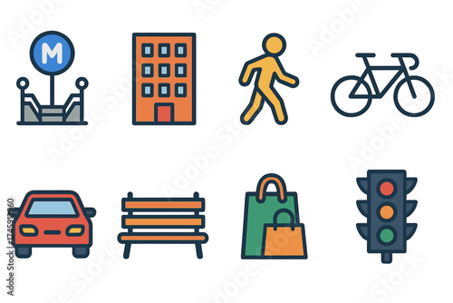 Transportation and urban life icon set. flat city and travel icons collection