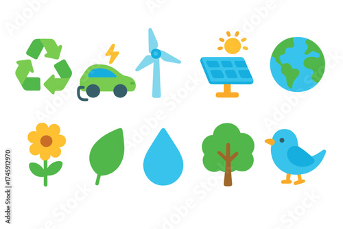 Eco-friendly flat icon set. sustainability, nature conservation symbols collection.