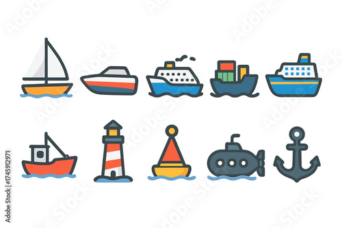 Marine, nautical line icon set. sailing, boats, ocean themed outline icons collection