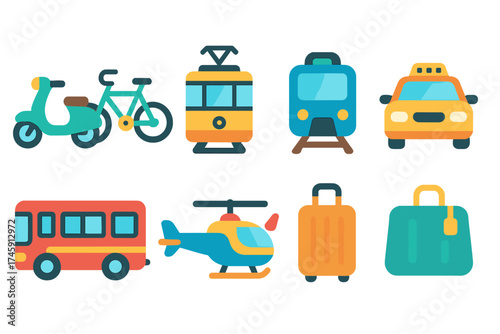 Transportation, vehicles glowing icon set. scooter, bicycle, taxi symbols flat design