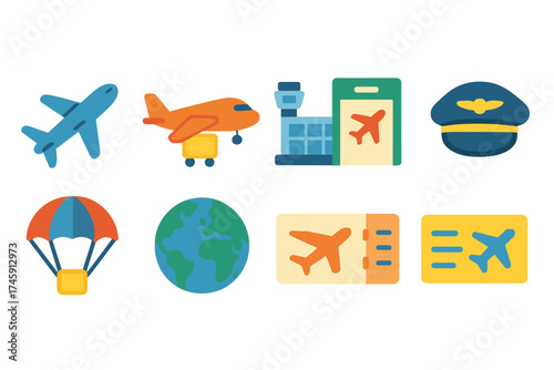 Aviation and travel flat icon set. airplane, ticket, airport icons collection.