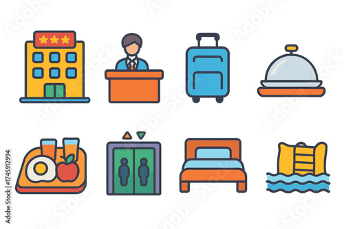 “hotel service flat icon set. hospitality, travel essentials icons flat collection