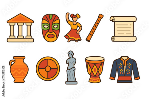 Cultural heritage flat icon set. ancient, traditional, historical symbols collection.