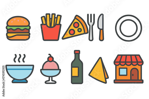 Food and restaurant flat icon set. culinary, dining, and beverage icons collection