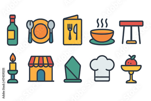 Restaurant and food icon set. flat dining, cooking, and culinary icons collection