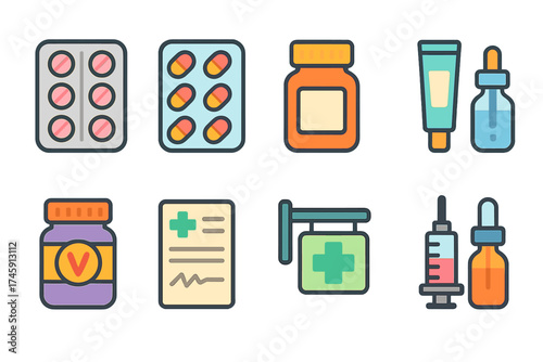 Medical and pharmacy icon set. flat healthcare icons for clinics and pharmacies.