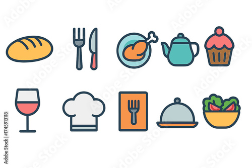 Culinary, food and drink flat icon set. kitchen, cooking essentials icons collection