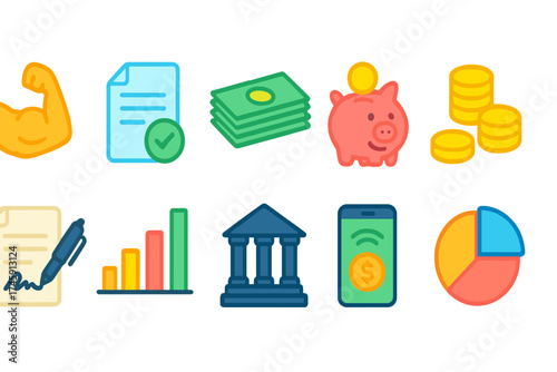 Finance and business neon icon set. banking, investment, savings icons in neon style