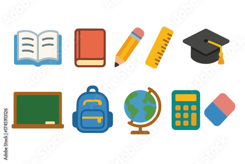 Education flat icon set for learning and classroom essentials, interactive school icons