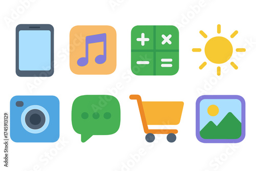 Mobile app flat icon set. smartphone, music, camera, shopping, calculator icons.